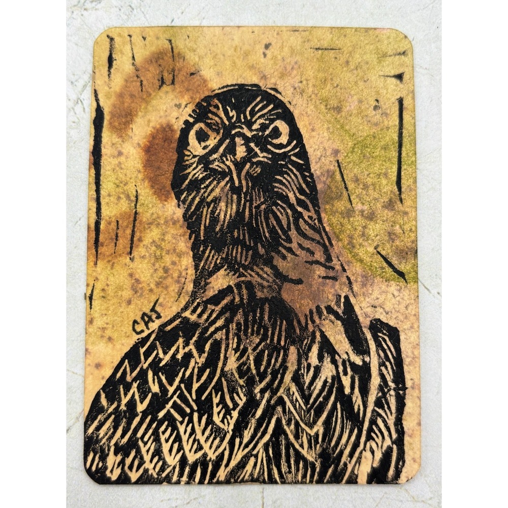 Original Osprey Linocut Print ACEO 2.5x3.5 Hand Pulled Relief Art Card WTFULA-3